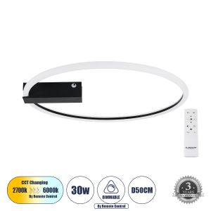 CINDERELLA Μοντέρνο Φωτιστικό Οροφής LED 30W 3360lm 360° AC 220-240V IP20 Ρυθμιζόμενο Λευκό CCT με Χειριστήριο από 2700K έως 6000K Dimmable - Lumileds SMD Chip - Μαύρο Ματ - Μ50 x Π50 x Υ5cm - 3 Χρόνια Εγγύηση