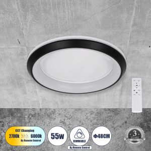 MELINA Μοντέρνο Φωτιστικό Οροφής LED 55W 6376lm 120° AC 220-240V IP20 Ρυθμιζόμενο Λευκό CCT με Χειριστήριο από 2700K έως 6000K Dimmable - Lumileds SMD Chip - Μαύρο Ματ - Μ48 x Π48 x Υ9cm - 3 Χρόνια Εγγύηση