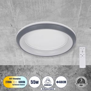 MELINA Μοντέρνο Φωτιστικό Οροφής LED 55W 6376lm 120° AC 220-240V IP20 Ρυθμιζόμενο Λευκό CCT με Χειριστήριο από 2700K έως 6000K Dimmable - Lumileds SMD Chip - Γκρι - Μ48 x Π48 x Υ9cm - 3 Χρόνια Εγγύηση
