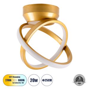 AMELIA Μοντέρνο Φωτιστικό Οροφής LED 20W 2400lm 300° AC 220-240V IP20 Ρυθμιζόμενο Λευκό CCT με On/Off 2700K/4500K/6000K - Lumileds SMD Chip - Χρυσό Βούρτσας - Μ24.5 x Π16 x Υ25cm - 3 Χρόνια Εγγύηση