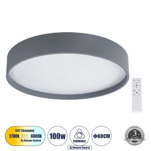 NARNIA Μοντέρνο Φωτιστικό Οροφής LED 100W 11500lm 120° AC 220-240V IP20 Ρυθμιζόμενο Λευκό CCT με Χειριστήριο από 2700K έως 6000K Dimmable - Lumileds SMD Chip - Γκρι - Μ60 x Π60 x Υ10cm - 3 Χρόνια Εγγύηση