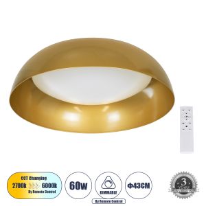 ANATOLIA Μοντέρνο Φωτιστικό Οροφής LED 60W 6900lm 120° AC 220-240V IP20 Ρυθμιζόμενο Λευκό CCT με Χειριστήριο από 2700K έως 6000K Dimmable - Lumileds SMD Chip - Χρυσό - Μ43 x Π43 x Υ11cm - 3 Χρόνια Εγγύηση