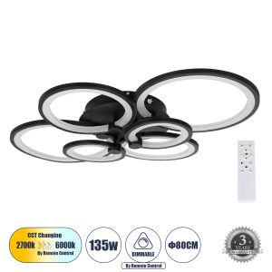 ROYAL-R Μοντέρνο Φωτιστικό Οροφής LED 135W 16200lm 360° AC 220-240V IP20 Ρυθμιζόμενο Λευκό CCT με Χειριστήριο από 2700K έως 6000K Dimmable - Lumileds SMD Chip - Μαύρο Ματ - Μ80.5 x Π59 x Υ12cm - 3 Χρόνια Εγγύηση