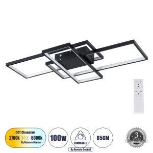 QUADRA Μοντέρνο Φωτιστικό Οροφής LED 100W 12000lm 120° AC 220-240V IP20 Ρυθμιζόμενο Λευκό CCT με Χειριστήριο από 2700K έως 6000K Dimmable - Lumileds SMD Chip - Μαύρο Ματ - Μ85 x Π45 x Υ9cm - 3 Χρόνια Εγγύηση
