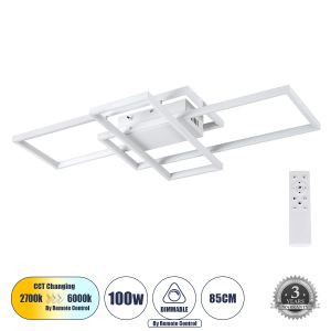 QUADRA Μοντέρνο Φωτιστικό Οροφής LED 100W 12000lm 120° AC 220-240V IP20 Ρυθμιζόμενο Λευκό CCT με Χειριστήριο από 2700K έως 6000K Dimmable - Lumileds SMD Chip - Λευκό Ματ - Μ85 x Π45 x Υ9cm - 3 Χρόνια Εγγύηση