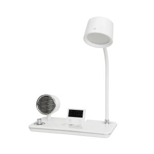 OLDY Μοντέρνο Επιτραπέζιο Φωτιστικό Γραφείου με Ασύρματη Φόρτιση 15W 3A, 5W Bluetooth Ηχείο : Ψηφιακό Ρολόι LED 3W 300lm 120° DC 5V με USB-C IP20 Ρυθμιζόμενο Λευκό CCT με Αφή 2700K/4500K/6000K Dimmable - Sanan SMD Chip - Λευκό - Μ13 x Π25