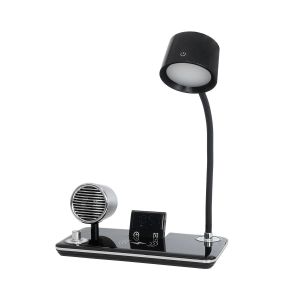 OLDY Μοντέρνο Επιτραπέζιο Φωτιστικό Γραφείου με Ασύρματη Φόρτιση 15W 3A, 5W Bluetooth Ηχείο : Ψηφιακό Ρολόι LED 3W 300lm 120° DC 5V με USB-C IP20 Ρυθμιζόμενο Λευκό CCT με Αφή 2700K/4500K/6000K Dimmable - Sanan SMD Chip - Μαύρο - Μ13 x Π25