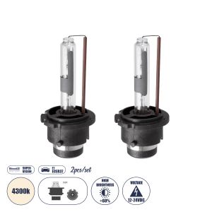HID Λάμπα Xenon D2R Super Vision Υψηλής Φωτεινότητας +60% CANbus E1 ECER37 55W/110W 5000lm/10000lm 360° DC 12-24V Αδιάβροχο IP65 Φυσικό Λευκό 4300K - Μ3.2 x Π3.2 x Υ7.5cm - Πακέτο 2 Τεμαχίων - 2 Χρόνια Εγγύηση