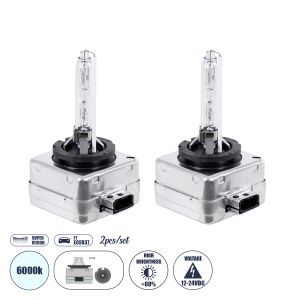 HID Λάμπα Xenon D1S Super Vision Υψηλής Φωτεινότητας +60% CANbus E1 ECER37 55W/110W 5000lm/10000lm 360° DC 12-24V Αδιάβροχο IP65 Ψυχρό Λευκό 6000K - Μ4.5 x Π5 x Υ8.5cm - Πακέτο 2 Τεμαχίων - 2 Χρόνια Εγγύηση