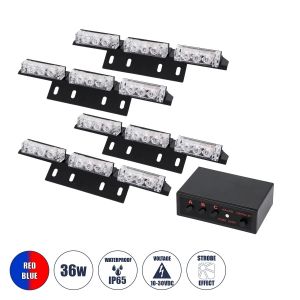 PRO Series ΣΕΤ 4 x 3 Μπάρες Σήμανσης Οχήματος Οδικής Βοήθειας για Αυτοκίνητα : Φορτηγά 3 Προγραμμάτων Φωτισμού STROBE LED HIGH POWER 36W DC 10-30V Αδιάβροχο IP65 Κόκκινο : Μπλε- Μ18 x Π4.5 x Υ3cm - 2 Χρόνια Εγγύηση