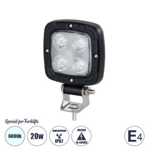 E4 Mark Vehicle : Forklift Work Lights - Φώτα Εργασίας για Οχήματα Περονοφόρα - Κλάρκ LED 20W DC 10-80V Αδιάβροχο IP67 Ψυχρό Λευκό 6000K Μ11 x Π11 x Υ5cm