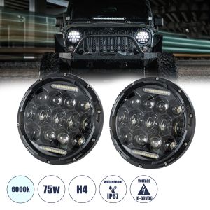 Σετ 2 x Φανάρια JEEP WRANGLER 7'' Ιντσών Βασικού Φωτισμού H/L με Ring Light DRL : Φλας LED CREE CXB COB 75W 12000lm DC 10-30V Αδιάβροχα IP67 Ψυχρό Λευκό 6000K