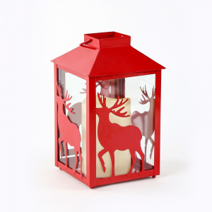 METAL RED REINDEER LANTERN ΛΕΥΚΟ ΚΕΡΙ, 1 LED ΛΑΜΠ. ΜΠΑΤ. (3xAAA), WW,IP44, Φ13Χ21CM